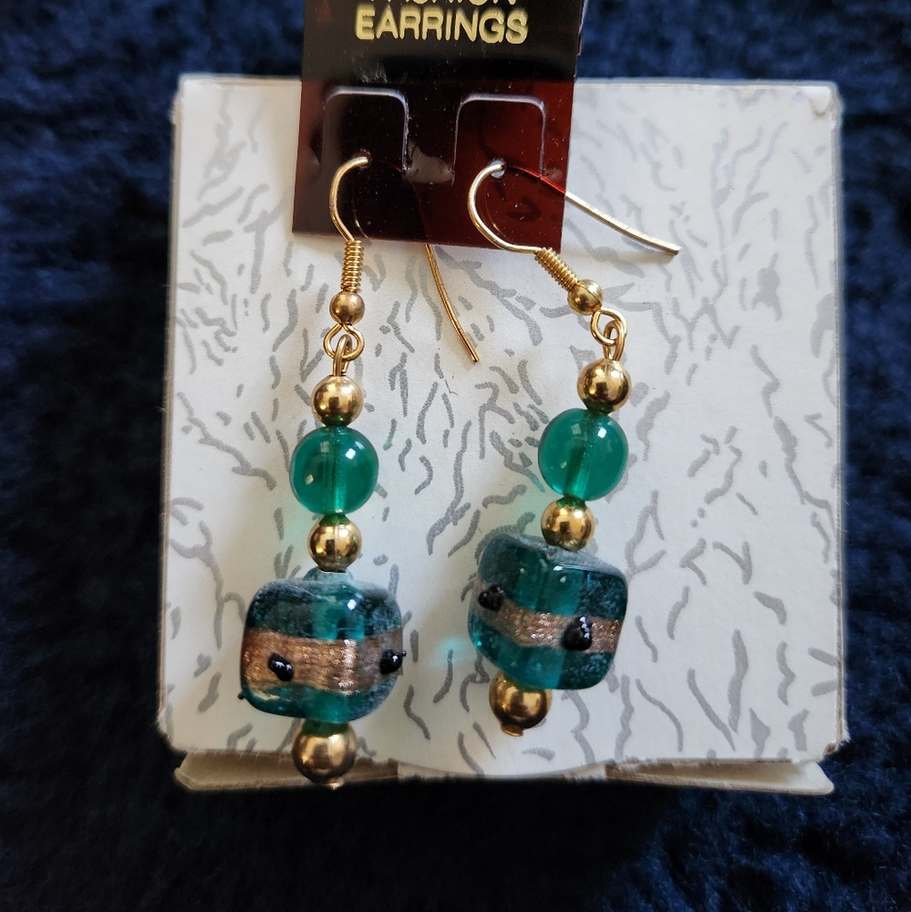 Green & gold drop earrings